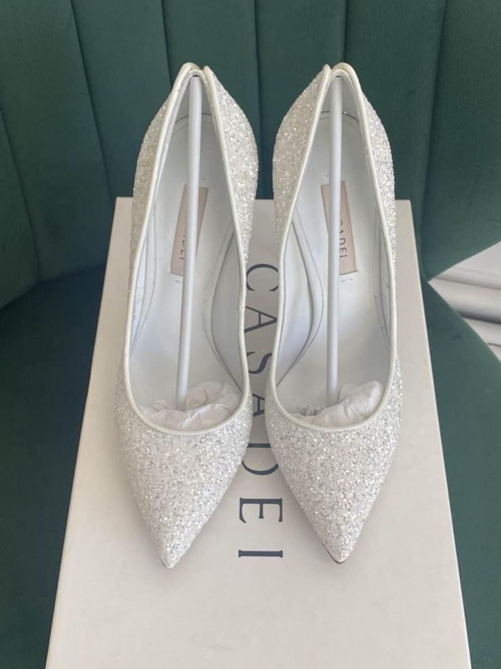 Casadei White Glitter Pointed-Toe Pumps